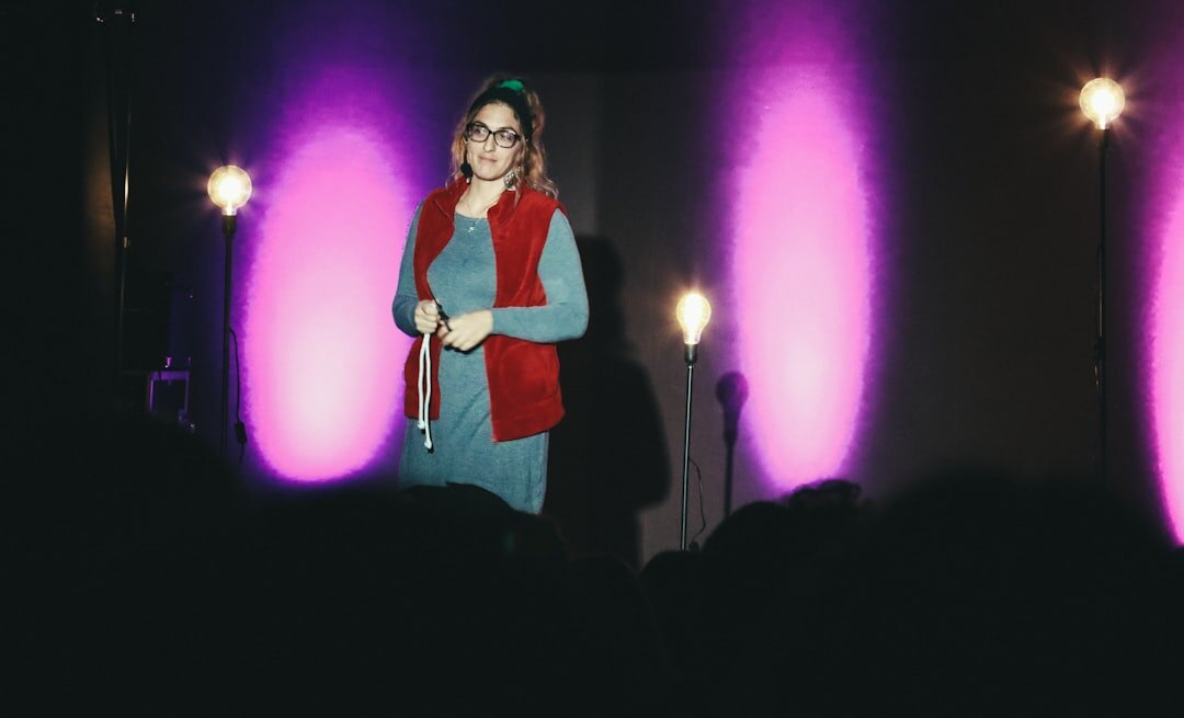 confident woman speaking on stage